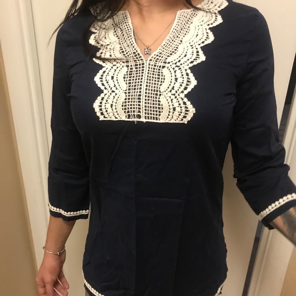 Crown & Ivy Beach Navy Blue Crochet Trim Tunic XS - Picture 1 of 11